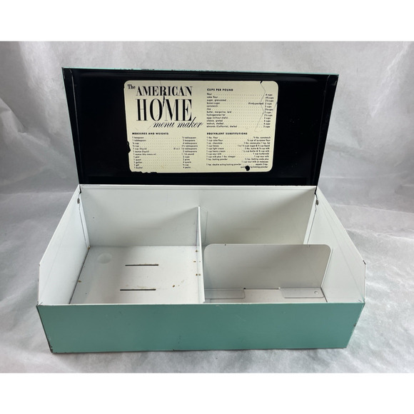 American Home Menu Maker Metal Recipe Box w/ Divider Aqua Blue Vintage 1950s - Picture 1 of 9
